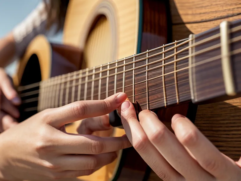 Nahaufnahme einer Hand beim Greifen eines G-Dur Akkords auf einer Gitarre