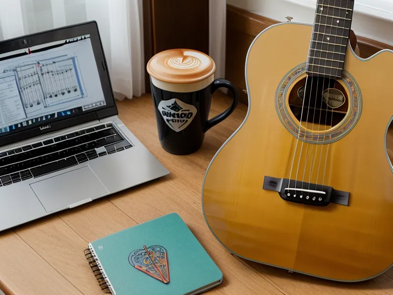 Online-Gitarrenkurs auf einem Laptop neben handgezeichneten Akkord-Diagrammen