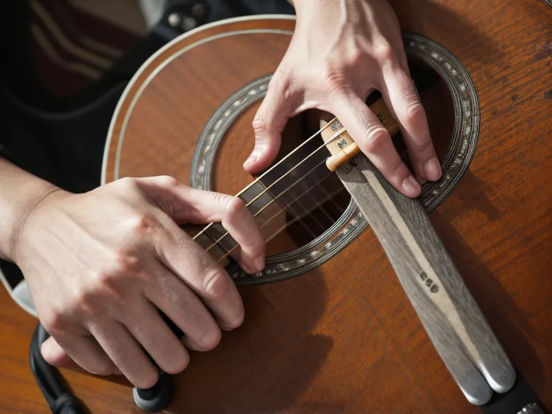 Nahaufnahme einer Hand, die den schwierigen F-Dur Barré-Griff auf der Gitarre übt.