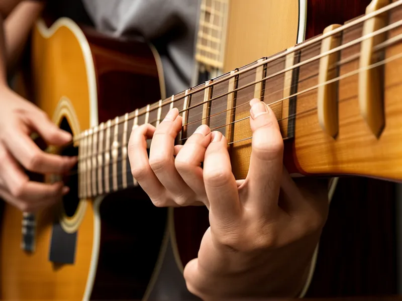 Entspanntere Handhaltung beim Üben von alternativen Gitarrenakkorden auf dem Griffbrett.