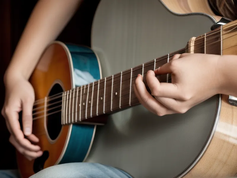 Nahaufnahme von Händen, die eine Gitarrensaite vorsichtig in die Mechanik einfädeln.