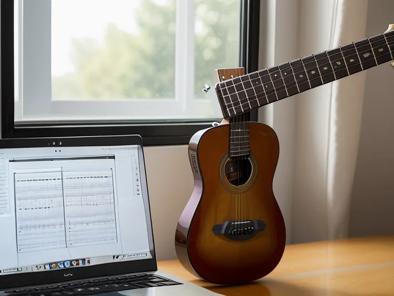 Gitarrenkurs am Laptop mit Skizzen auf dem Schreibtisch
