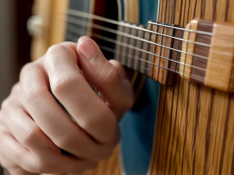 Nahaufnahme von Fingerspitzen mit Abdrücken von Gitarrensaiten