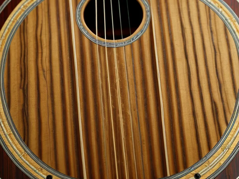 Nahaufnahme einer Akustikgitarre mit einem Plektrum auf den Saiten.
