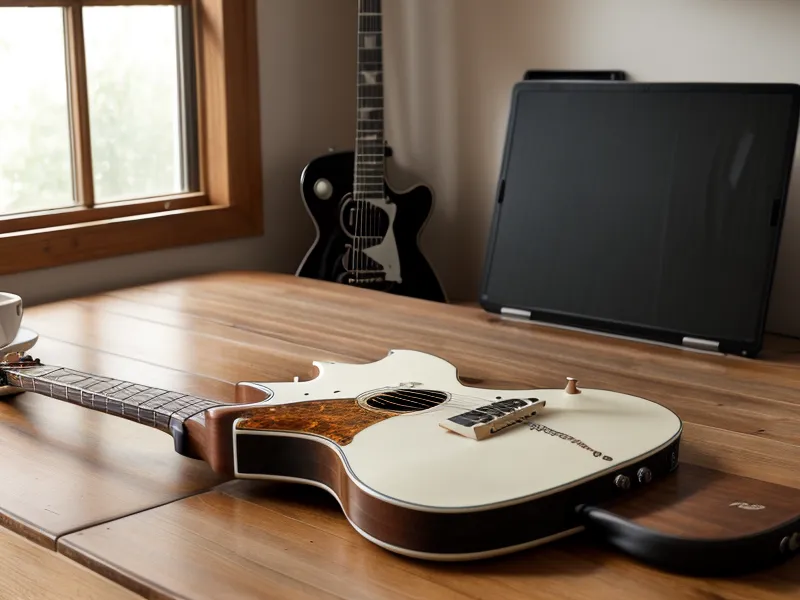 Ein Laptop mit einem geöffneten Gitarrenkurs auf einem Schreibtisch.